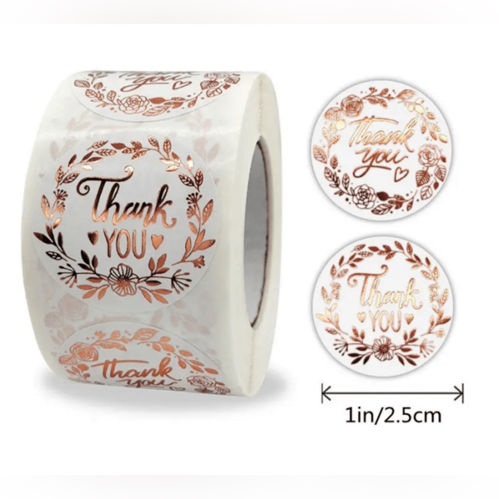 1 Roll, 500 pcs 1” Floral Rose Gold Thank You Label for Gift Bags & Envelopes.